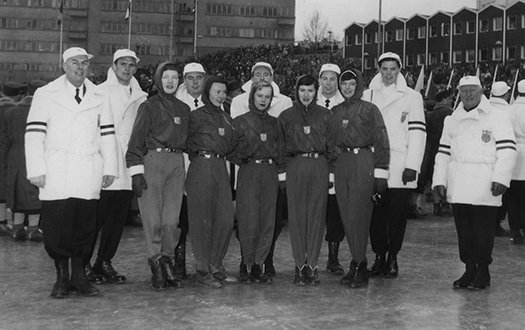 The 1952 U.S. Olympic Figure Skating Team poses for a picture at the Opening Ceremony.