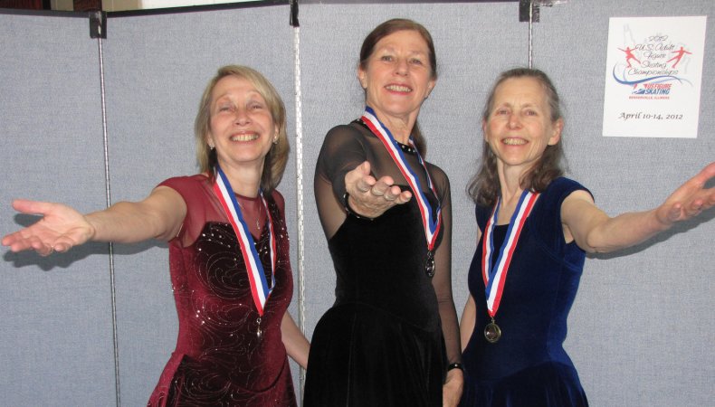 Carol Dors, Janet Long and Caroline Thorington in competition dresses in 2012.