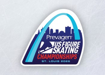 2026 U.S. Figure Skating Championships logo on an ice background. The logo features the St. Louis arch and the text "Prevagen U.S. Figure Skating Championships"