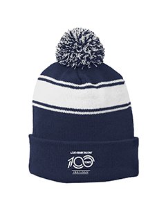 A beanie with a pom pom including the 100 years celebration logo