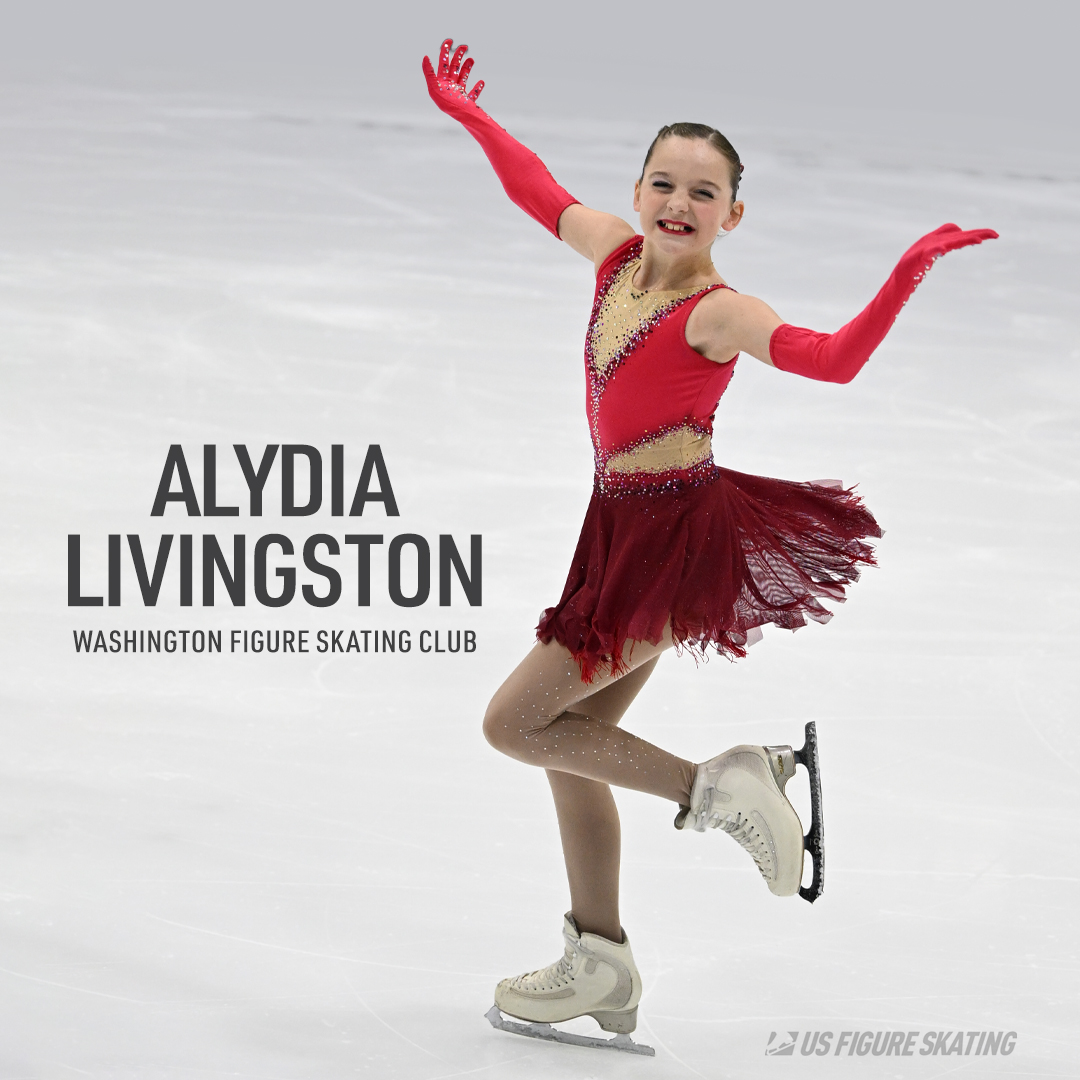 Photo of Alydia Livingston with her name and the text "Washington Figure Skating Club" in black text