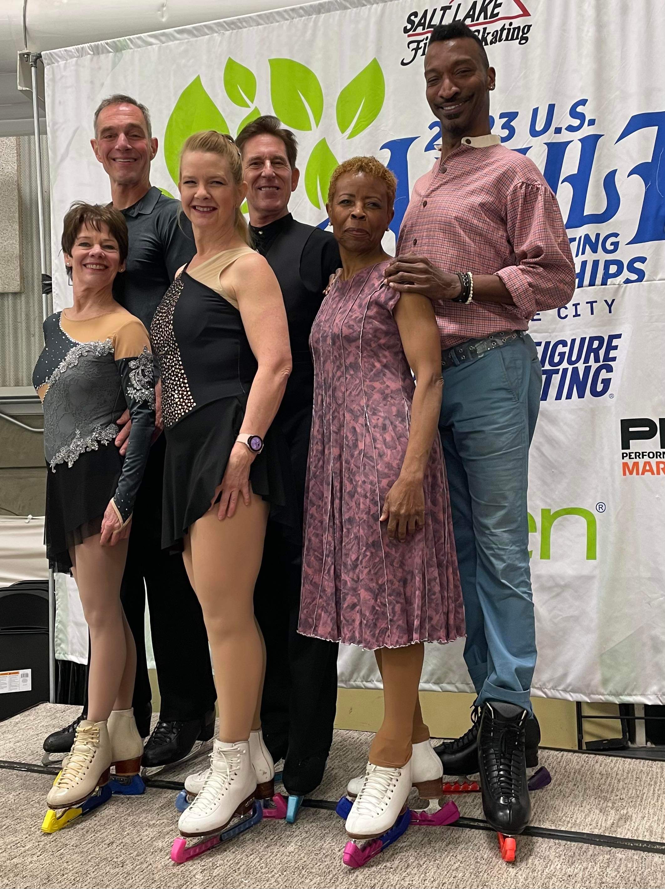 Centennial dance competitors at the 2023 Adult Championships on the podium together(left to right): Debby Georges, Peter Sasmore, Donna Farver, Walter Horton, June Smith and Franklyn Singley