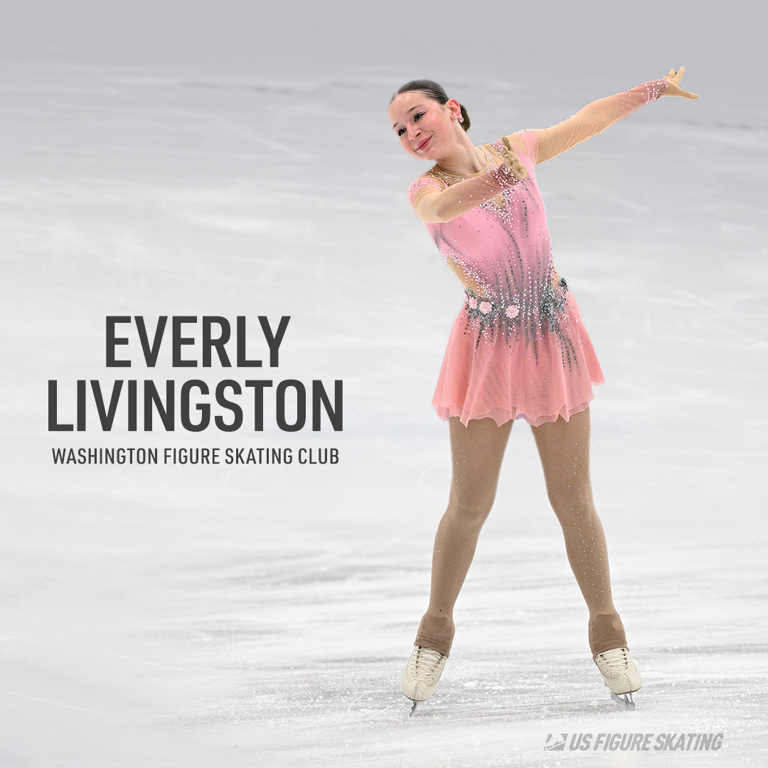 Photo of Everly Livingston with her name and the text "Washington Figure Skating Club" in black text