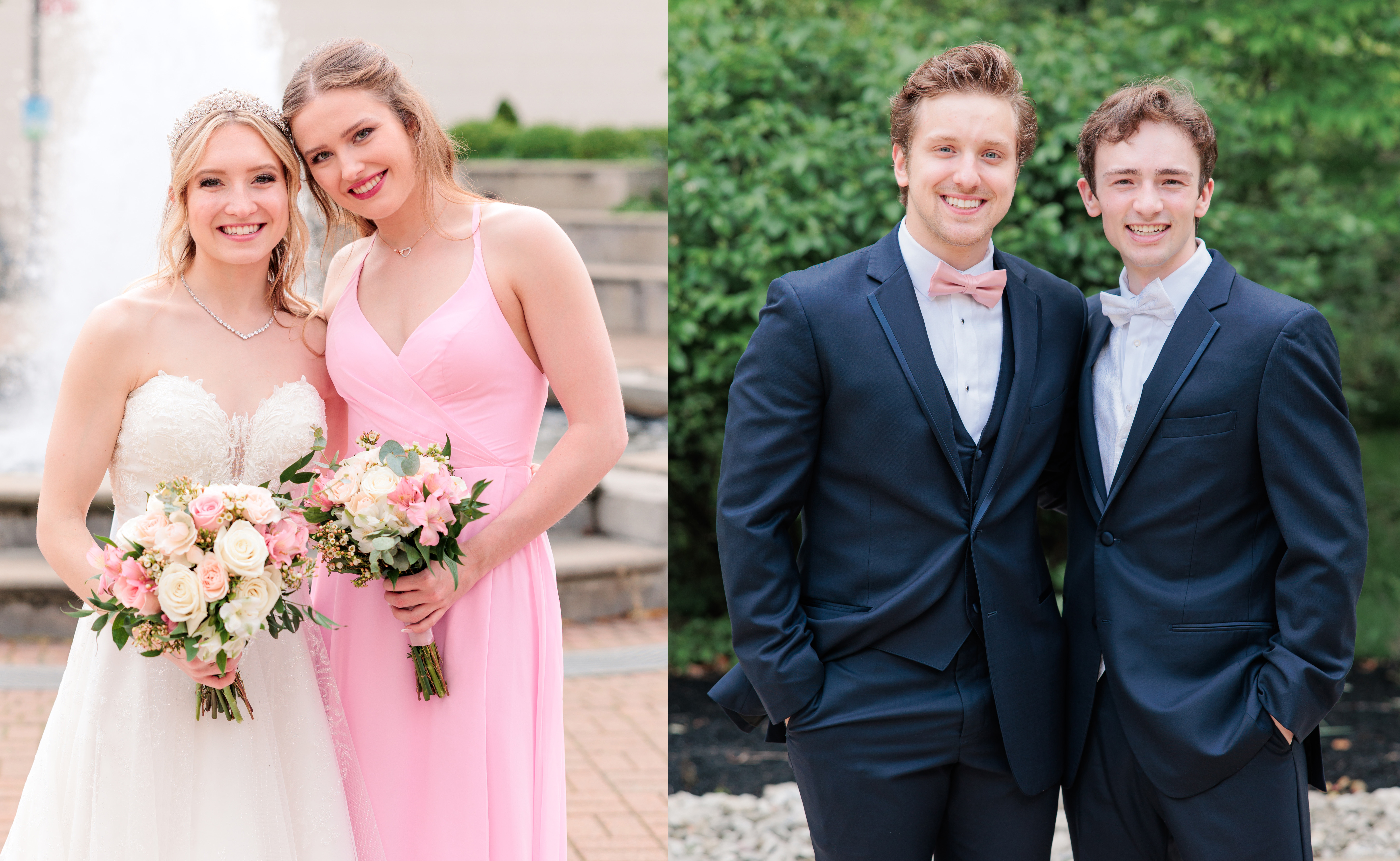 Eva Pate wearing her wedding dress poses with Christina Carreira (left) in a pink bridesmaid dress. On the right, Logan Bye and Anthony Ponomarenko pose for a photo. They both wear blue tuxes.