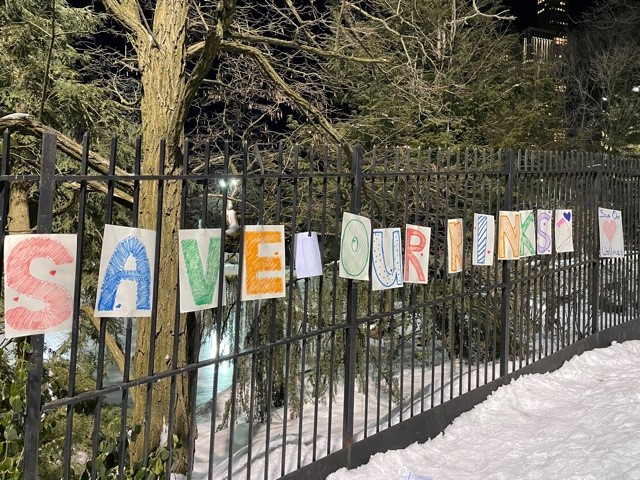 People who arrived at Wollman Rink on Saturday and Sunday were greeted by these colorful signs made by local skaters.