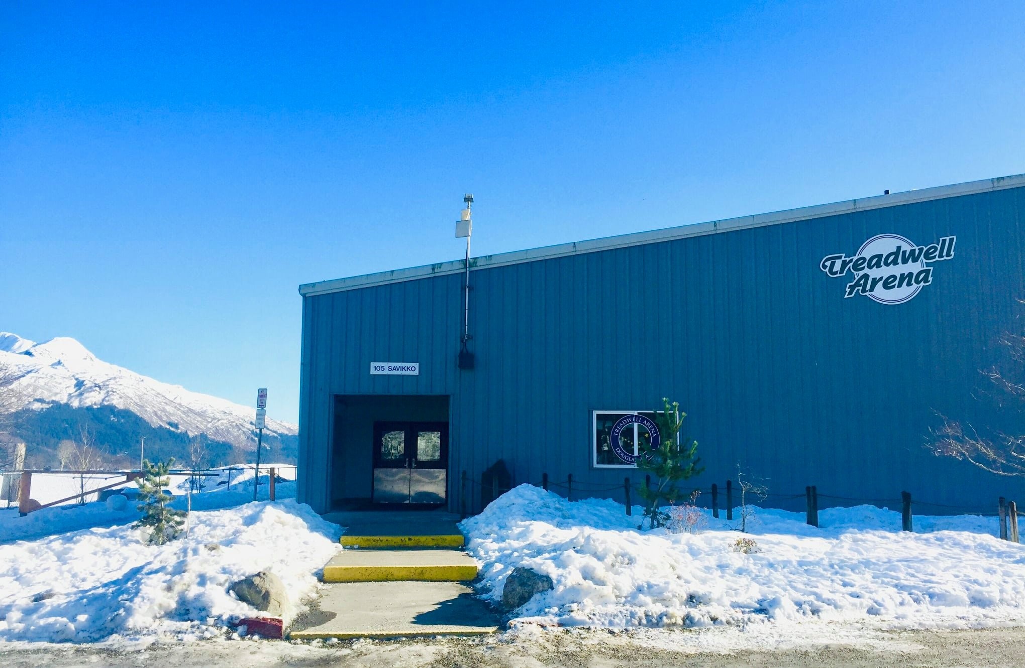 An exterior view of the Juneau figure skating club's industrial-looking rink. 