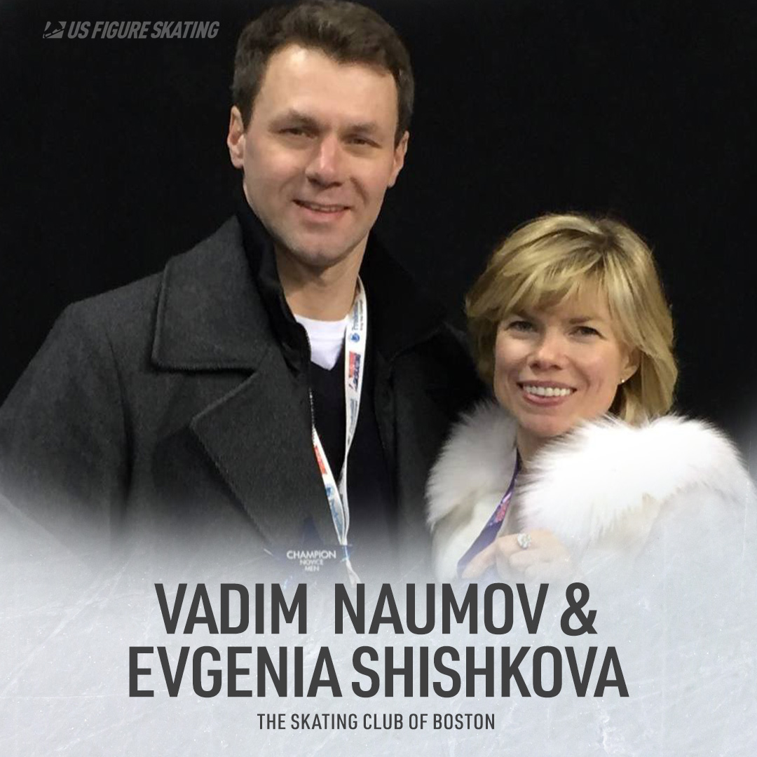 Photo of Evgenia Shishkova and Vadim Naumov with their names and the text "The Skating Club of Boston" written below in black text