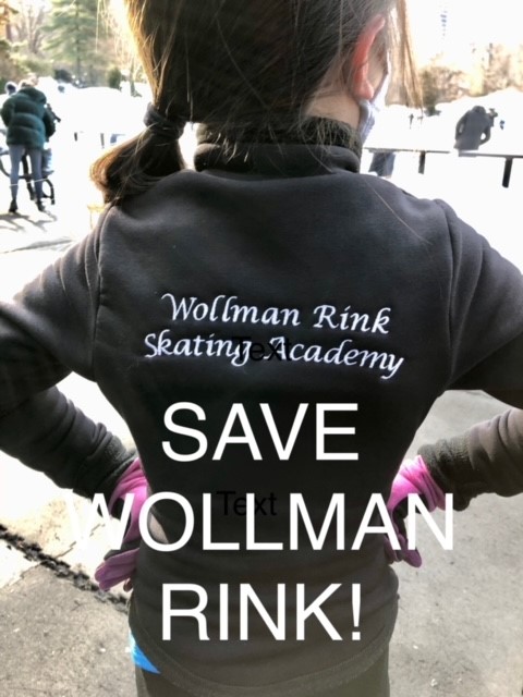 A Wollman Academy skater shows off her club jacket with the words "Save Wollman Rink" typed across the bottom.