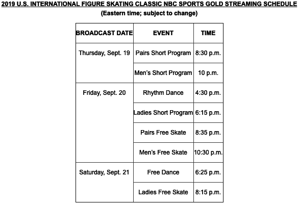 2019 U.S. INTERNATIONAL FIGURE SKATING CLASSIC NBC SPORTS GOLD STREAMING SCHEDULE