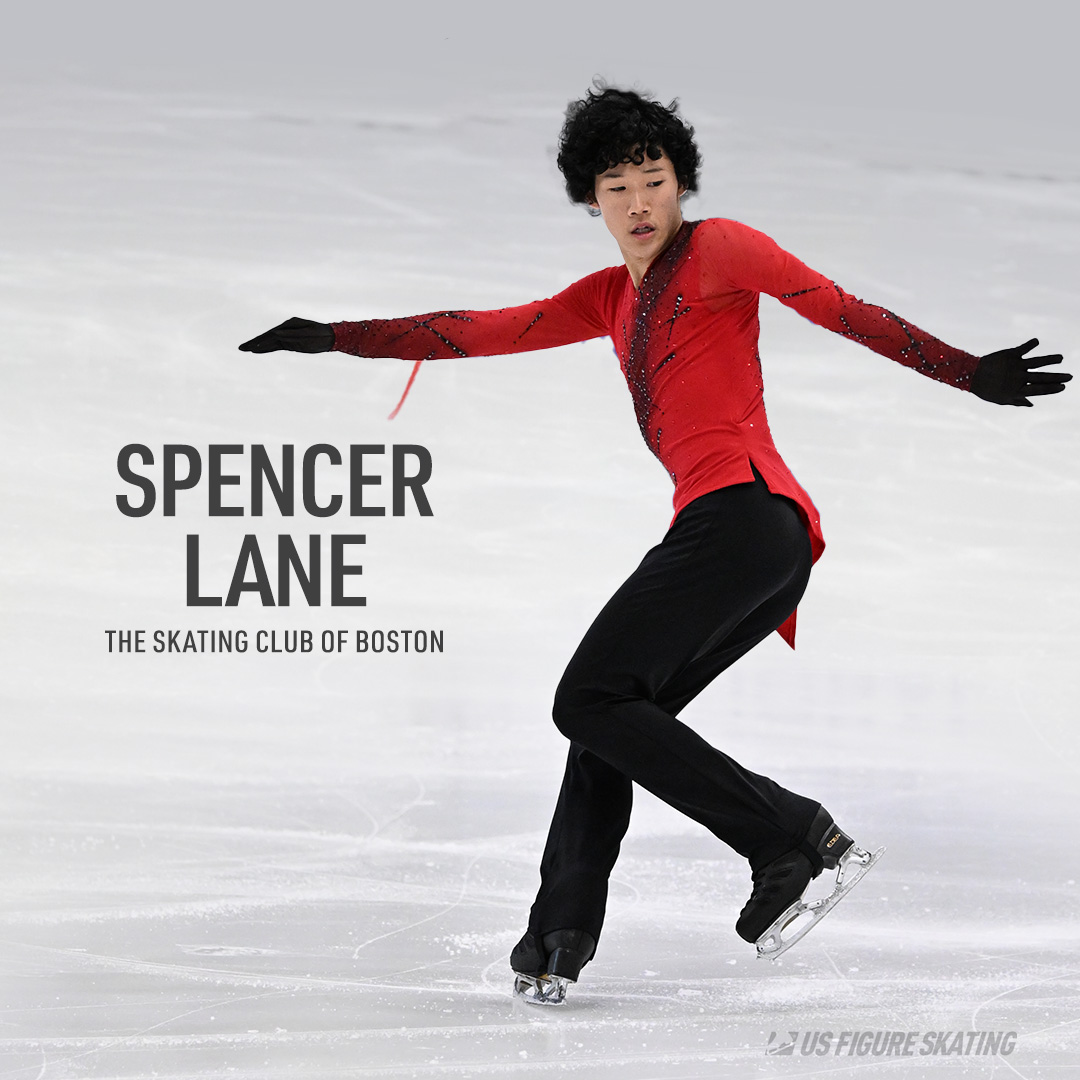 Photo of Spencer Lane wearing a long sleeve red top and black pants. The photo also says his name and "The Skating Club of Boston" in black text