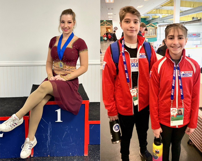 Ellie (left) sits on the podium at the Solo Dance Final and Zoe and Jerry (right) pose for a photo in their red National Development Team jackets