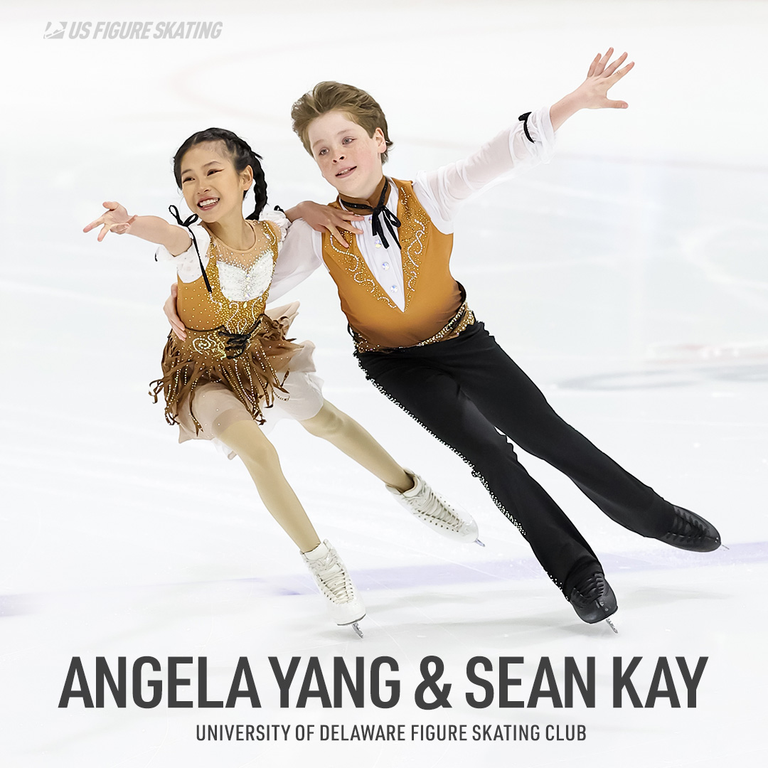 Photo of Angela Yang and Sean Kay. They are both wearing coordinating white and gold skating costumes. Below them is their names and the text "University of Delaware Figure Skating Club" in black text