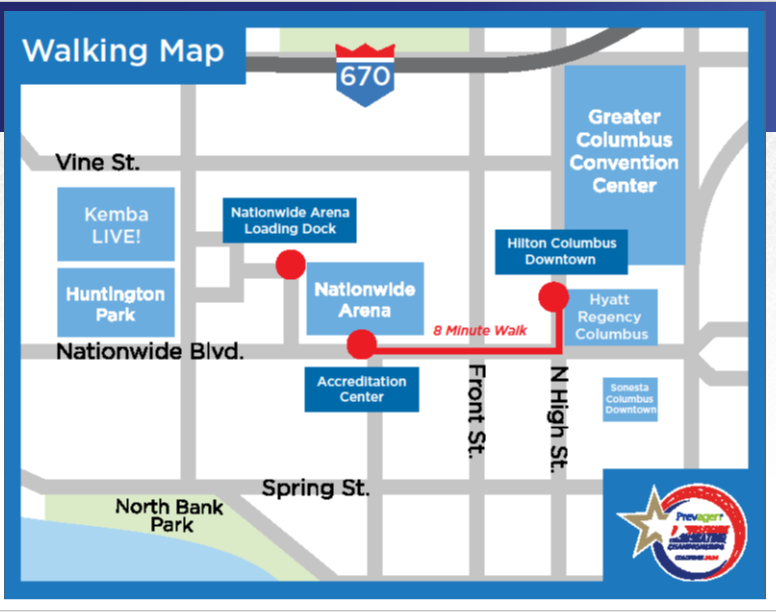 Map from hotels to accreditation center at Nationwide Arena