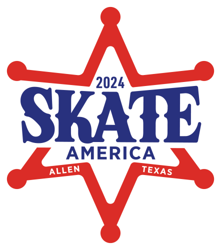 2024 Skate America logo. The words 2024 Skate America are written in blue with a red six-point star around it that resembles a shariff's badge. Allen, Texas is written along the bottom