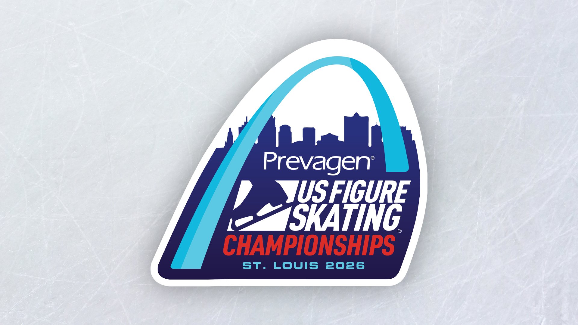 2026 U.S. Figure Skating Championships logo on an ice background. The logo features the St. Louis arch and the text "Prevagen U.S. Figure Skating Championships"