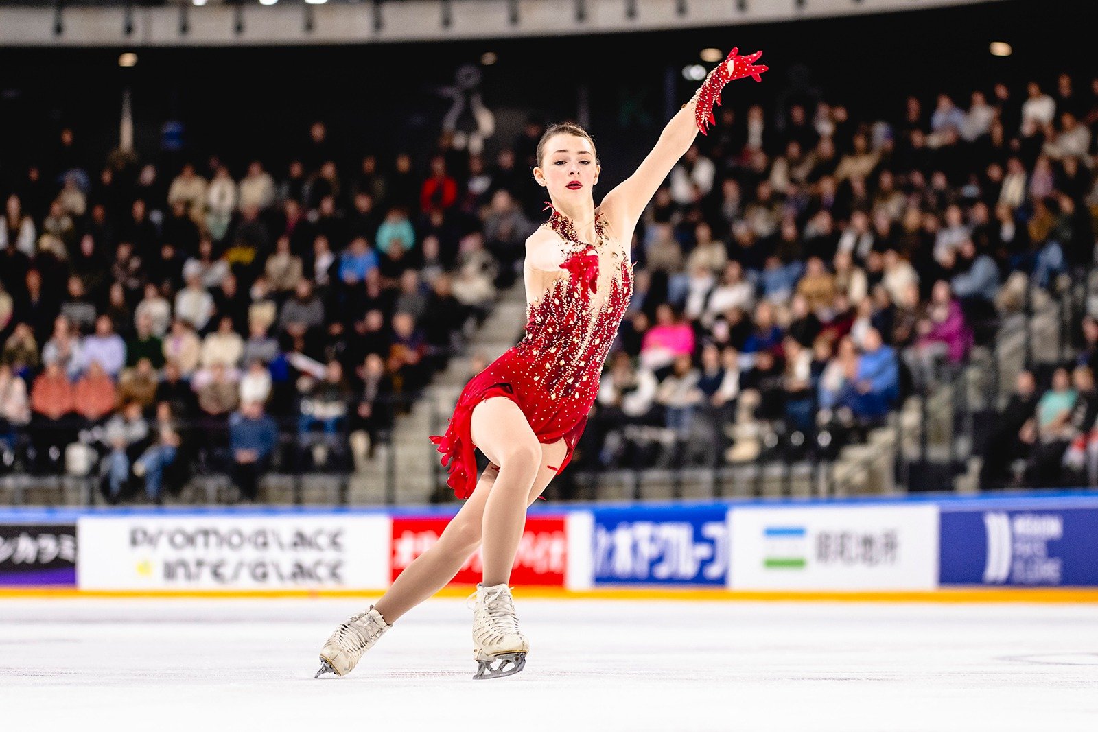  Dressed in all red, Sarah Everhardt performs her "Firebird" routine.