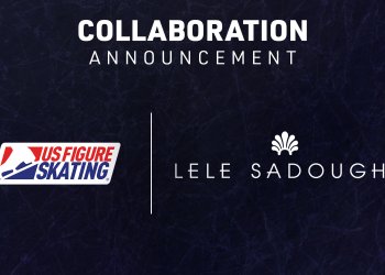 Graphic with a dark blue background and the words "Collaboration announcement at the top. Below that on the left is the U.S. Figure Skating logo and to the right is the Lele Sadoughi logo